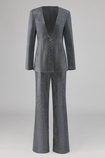 Gris Bleu Col en V Costume Femme Simple Bouton
